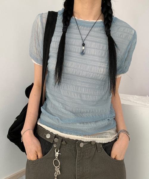 ReRe(リリ)の「シアー格子メッシュトップス(Tシャツ/カットソー・レディース・ホワイト/ブルー/ベージュ/ブラック・FREE)」の13枚目の写真