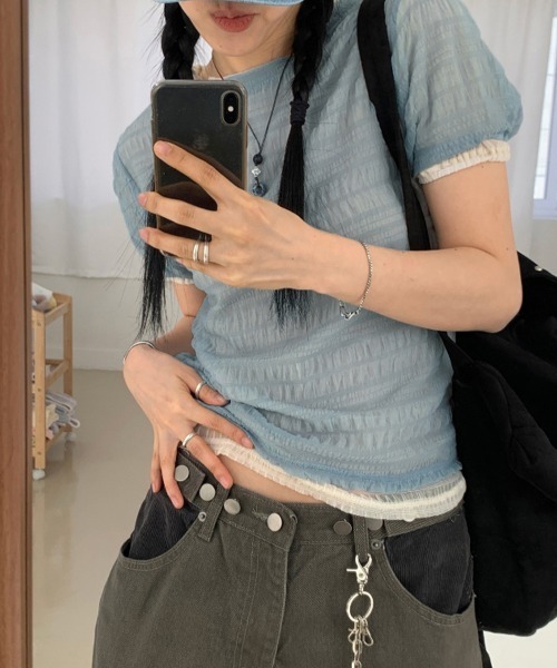ReRe(リリ)の「シアー格子メッシュトップス(Tシャツ/カットソー・レディース・ホワイト/ブルー/ベージュ/ブラック・FREE)」の14枚目の写真