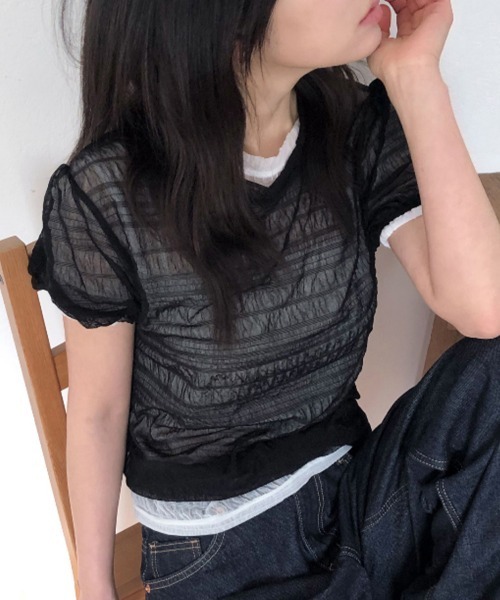 ReRe(リリ)の「シアー格子メッシュトップス(Tシャツ/カットソー・レディース・ホワイト/ブルー/ベージュ/ブラック・FREE)」の17枚目の写真