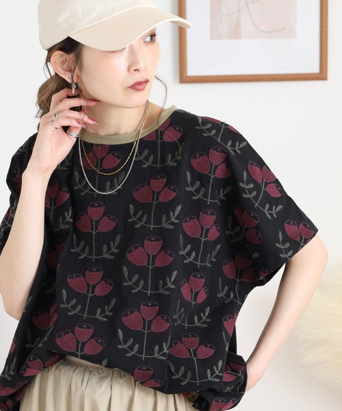 tシャツ EMAGO 大柄花刺繍ドルマンＴ レディース EMAGO 花刺繍ドルマンT 半袖（Tシャツ/カットソー）｜Emago