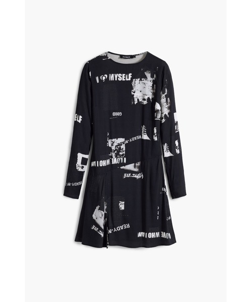 Desigual（デシグアル）の「新聞紙プリントアシンメトリーショートドレス 大人のモードスタイル 結婚式 二次会 フォーマル（ワンピース・レディース・ブラック・XS/S/M/L/XL）」の3枚目の写真