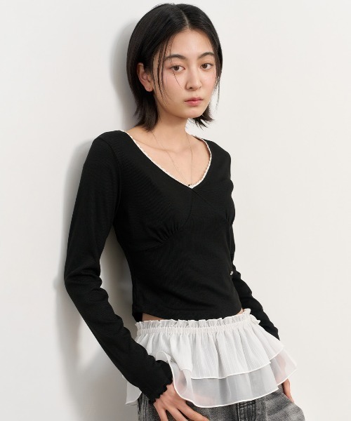 【GENERAL IDEA】Lace Ribbed V-Neck ティーシャツ GENERAL IDEA/ジェネラルアイディア lace ribbed v-neck t