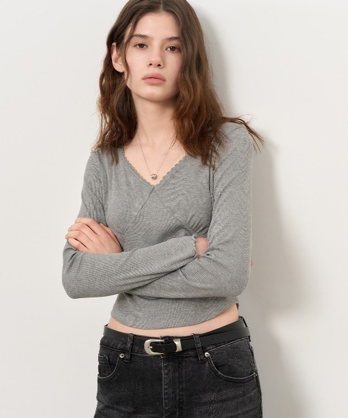 【GENERAL IDEA】Lace Ribbed V-Neck ティーシャツ GENERAL IDEA/ジェネラルアイディア lace ribbed v-neck t