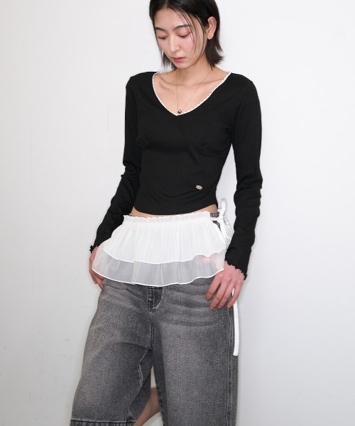 【GENERAL IDEA】Lace Ribbed V-Neck ティーシャツ GENERAL IDEA/ジェネラルアイディア lace ribbed v-neck t
