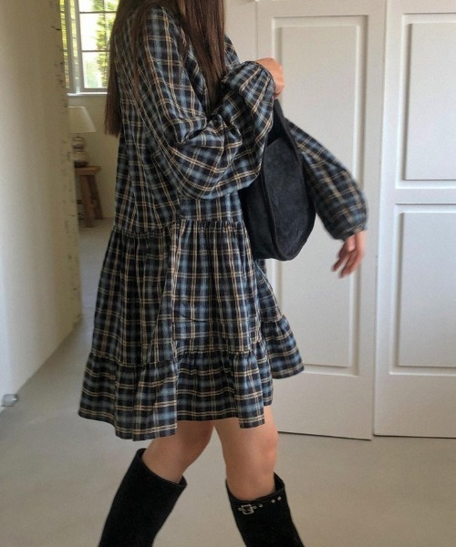 セール】チェック柄ティアードミニワンピース（ワンピース