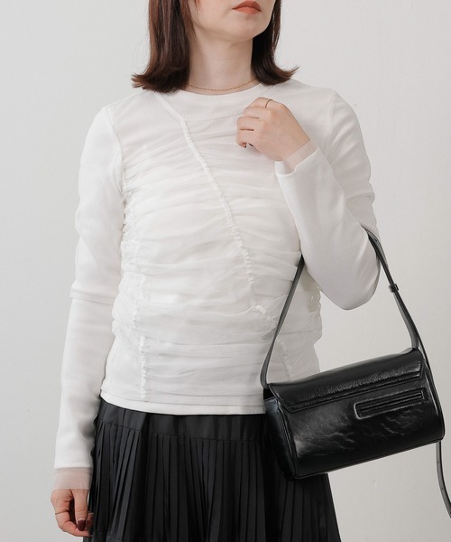 en CAnAF(エンカナフ)の「2枚セット チュールシャーリングデザイントップス リブトップス レイヤード(Tシャツ/カットソー・レディース・グレー/ホワイト/ブラック・M)」の1枚目の写真