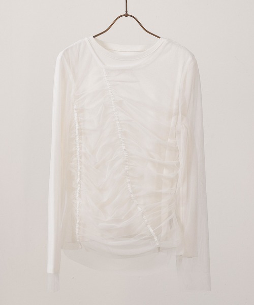 en CAnAF(エンカナフ)の「2枚セット チュールシャーリングデザイントップス リブトップス レイヤード(Tシャツ/カットソー・レディース・グレー/ホワイト/ブラック・M)」の12枚目の写真