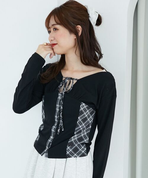 MAJESTIC LEGON(マジェスティックレゴン)の「バイカラーチェックトップス(Tシャツ/カットソー・レディース・ベージュ系その他2/ブラウン系その他2/ブラック系その他・MEDIUM)」の11枚目の写真