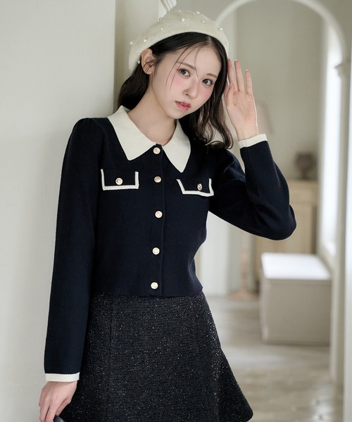 one after another NICE CLAUP（ワンアフターアナザーナイスクラップ）の「バイカラー金ボタンポロニット（ニット/セーター・レディース・ブラック/ネイビー/ピンク/アイボリー/モカ・FREE）」の4枚目の写真