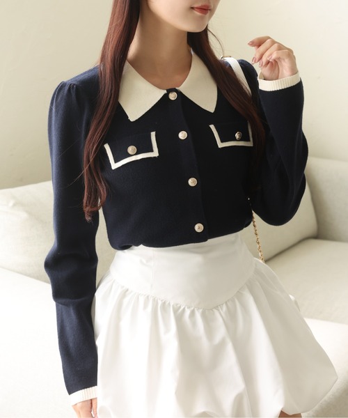 one after another NICE CLAUP（ワンアフターアナザーナイスクラップ）の「バイカラー金ボタンポロニット（ニット/セーター・レディース・ブラック/ネイビー/ピンク/アイボリー/モカ・FREE）」の12枚目の写真