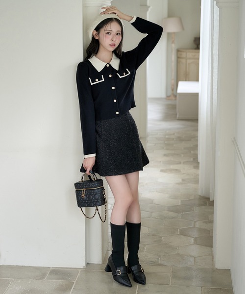 one after another NICE CLAUP（ワンアフターアナザーナイスクラップ）の「バイカラー金ボタンポロニット（ニット/セーター・レディース・ブラック/ネイビー/ピンク/アイボリー/モカ・FREE）」の7枚目の写真