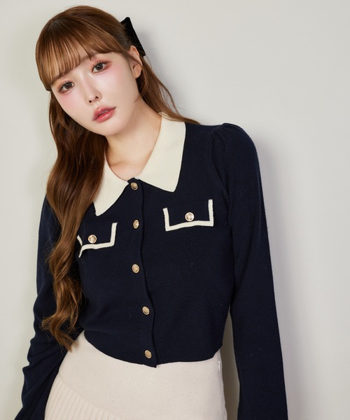 one after another NICE CLAUP（ワンアフターアナザーナイスクラップ）の「バイカラー金ボタンポロニット（ニット/セーター・レディース・ブラック/ネイビー/ピンク/アイボリー/モカ・FREE）」の9枚目の写真