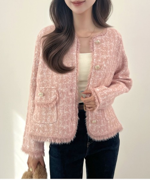 セール】ノーカラーツイードニットコーディガンジャケット（ノー