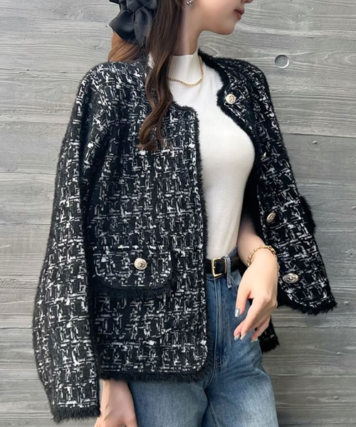 セール】ノーカラーツイードニットコーディガンジャケット（ノーカラー