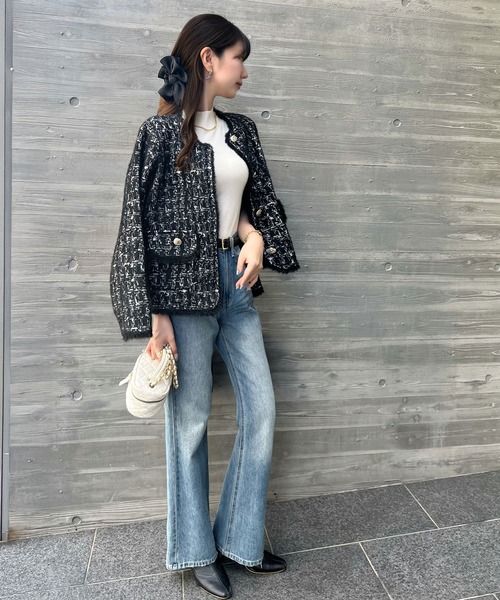 セール】ノーカラーツイードニットコーディガンジャケット（ノーカラー