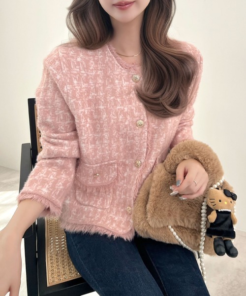 セール】ノーカラーツイードニットコーディガンジャケット（ノー