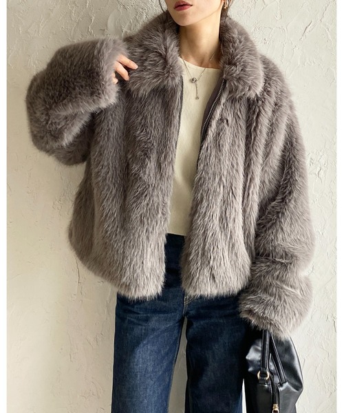 ショート丈　ファーコート コート アウター ショート丈ビッグカラーフェイクファーブルゾン