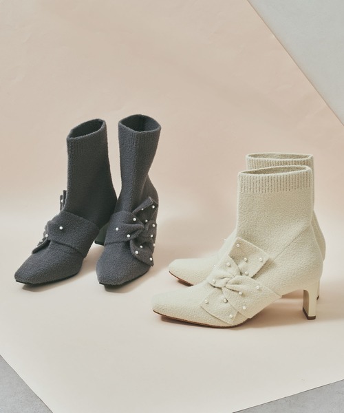ORiental TRaffic（オリエンタルトラフィック）の「パール リボン ニット ブーツ /56405（ブーツ・レディース・ベージュ/グレー・LL/L/M/S）」の3枚目の写真