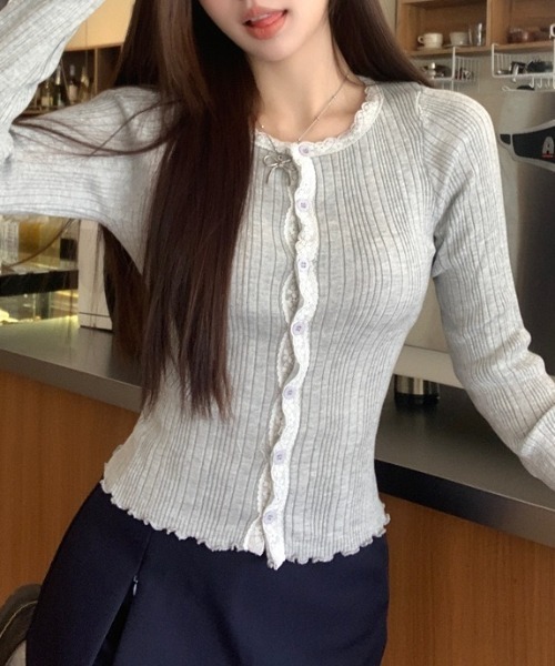 yuue' ( wear )（ユーイ）の「レースフリルランダムリブニットトップス（ニット/セーター・レディース・ホワイト/ベージュ/グレー・FREE）」の5枚目の写真
