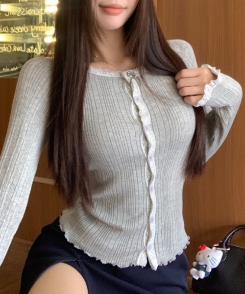yuue' ( wear )（ユーイ）の「レースフリルランダムリブニットトップス（ニット/セーター・レディース・ホワイト/ベージュ/グレー・FREE）」の8枚目の写真