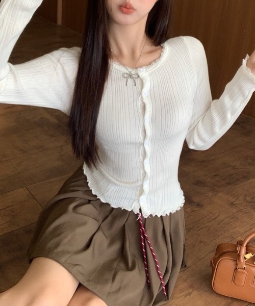 yuue' ( wear )（ユーイ）の「レースフリルランダムリブニットトップス（ニット/セーター・レディース・ホワイト/ベージュ/グレー・FREE）」の11枚目の写真
