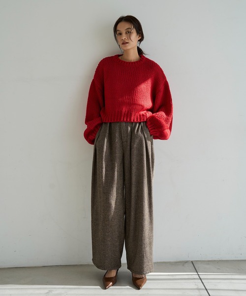 meilmada（メイルマダ）の「レザーライクパイピングツイードワイドパンツ（スラックス・レディース・ブラック/ブラウン・FREE）」の7枚目の写真