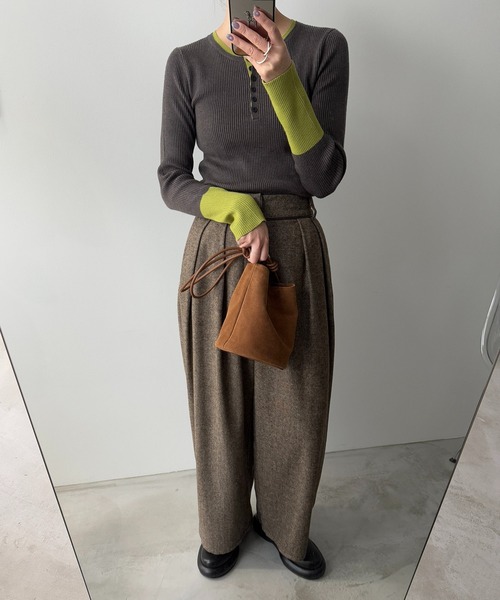 meilmada（メイルマダ）の「レザーライクパイピングツイードワイドパンツ（スラックス・レディース・ブラック/ブラウン・FREE）」の11枚目の写真