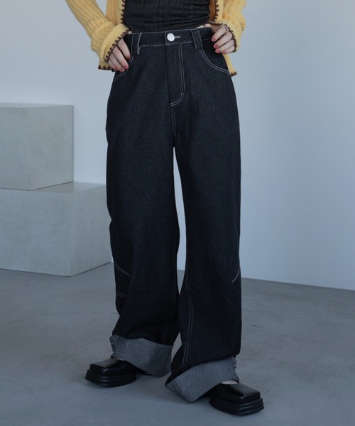 VACANCY（ヴァカンシー）の「カーブステッチスナップデニム（デニムパンツ・レディース・ブラック/ダークインディゴブルー・SMALL/LARGE/MEDIUM）」の4枚目の写真