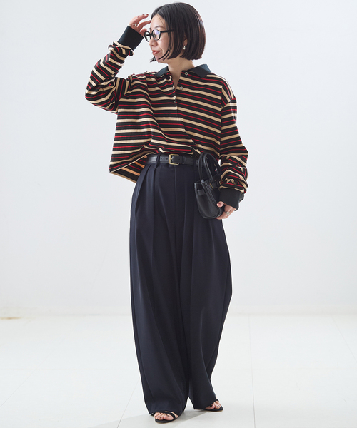 journal standard L'essage（ジャーナルスタンダードレサージュ）の「マルチボーダーロングスリーブポロシャツ（Tシャツ/カットソー・レディース・ブラウン系その他/ブラック・FREE）」の3枚目の写真