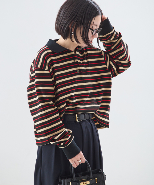 journal standard L'essage（ジャーナルスタンダードレサージュ）の「マルチボーダーロングスリーブポロシャツ（Tシャツ/カットソー・レディース・ブラウン系その他/ブラック・FREE）」の6枚目の写真
