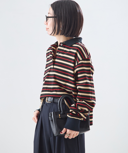 journal standard L'essage（ジャーナルスタンダードレサージュ）の「マルチボーダーロングスリーブポロシャツ（Tシャツ/カットソー・レディース・ブラウン系その他/ブラック・FREE）」の7枚目の写真