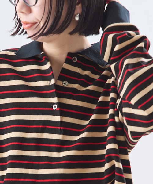 journal standard L'essage（ジャーナルスタンダードレサージュ）の「マルチボーダーロングスリーブポロシャツ（Tシャツ/カットソー・レディース・ブラウン系その他/ブラック・FREE）」の8枚目の写真