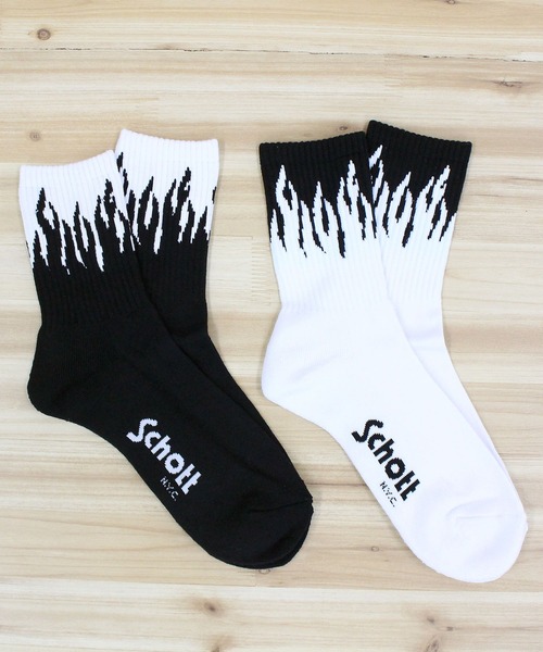 schott(ショット)の「HIGT-SOCKS FLAME/2足セット(ソックス/靴下・メンズ・ブラック×ホワイト・FREE)」の1枚目の写真
