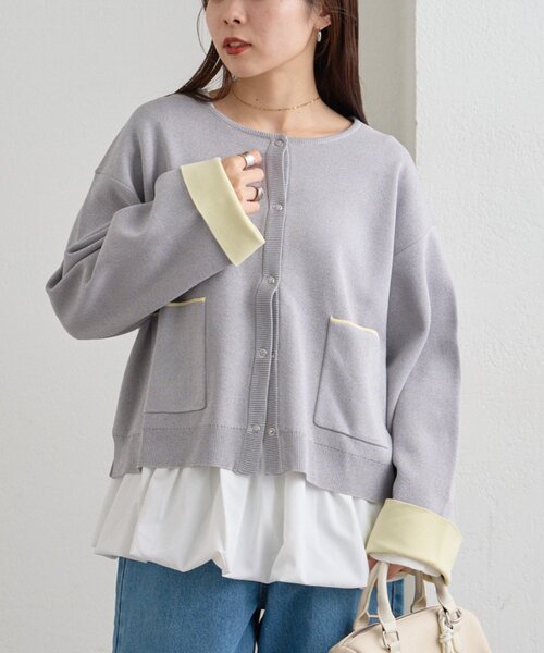 CIAOPANIC TYPY(チャオパニックティピー)の「【UVカット/接触冷感】袖配色ニットスナップカーデ(カーディガン/ボレロ・レディース・ネイビー/ピンク/ベージュ/グレー・ONE SIZE)」の2枚目の写真