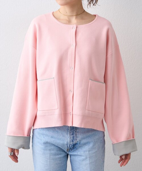 CIAOPANIC TYPY(チャオパニックティピー)の「【UVカット/接触冷感】袖配色ニットスナップカーデ(カーディガン/ボレロ・レディース・ネイビー/ピンク/ベージュ/グレー・ONE SIZE)」の17枚目の写真