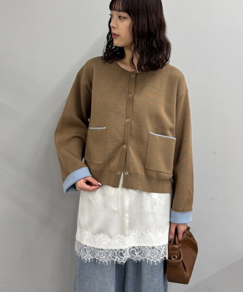 CIAOPANIC TYPY(チャオパニックティピー)の「【UVカット/接触冷感】袖配色ニットスナップカーデ(カーディガン/ボレロ・レディース・ネイビー/ピンク/ベージュ/グレー・ONE SIZE)」の13枚目の写真