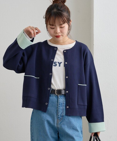 CIAOPANIC TYPY(チャオパニックティピー)の「【UVカット/接触冷感】袖配色ニットスナップカーデ(カーディガン/ボレロ・レディース・ネイビー/ピンク/ベージュ/グレー・ONE SIZE)」の8枚目の写真