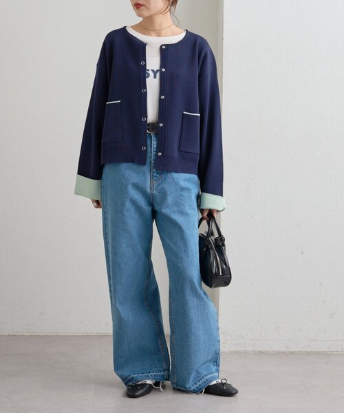 CIAOPANIC TYPY(チャオパニックティピー)の「【UVカット/接触冷感】袖配色ニットスナップカーデ(カーディガン/ボレロ・レディース・ネイビー/ピンク/ベージュ/グレー・ONE SIZE)」の9枚目の写真