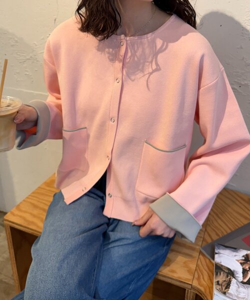 CIAOPANIC TYPY(チャオパニックティピー)の「【UVカット/接触冷感】袖配色ニットスナップカーデ(カーディガン/ボレロ・レディース・ネイビー/ピンク/ベージュ/グレー・ONE SIZE)」の10枚目の写真