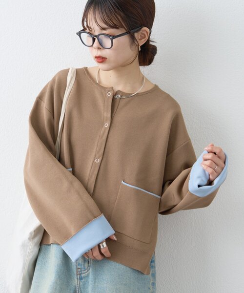 CIAOPANIC TYPY(チャオパニックティピー)の「【UVカット/接触冷感】袖配色ニットスナップカーデ(カーディガン/ボレロ・レディース・ネイビー/ピンク/ベージュ/グレー・ONE SIZE)」の6枚目の写真