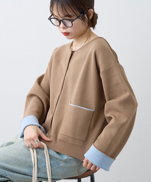 CIAOPANIC TYPY(チャオパニックティピー)の「【UVカット/接触冷感】袖配色ニットスナップカーデ(カーディガン/ボレロ・レディース・ネイビー/ピンク/ベージュ/グレー・ONE SIZE)」の7枚目の写真