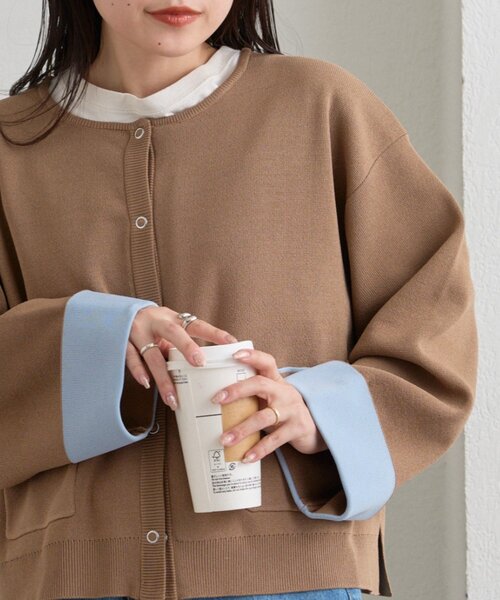 CIAOPANIC TYPY(チャオパニックティピー)の「【UVカット/接触冷感】袖配色ニットスナップカーデ(カーディガン/ボレロ・レディース・ネイビー/ピンク/ベージュ/グレー・ONE SIZE)」の9枚目の写真
