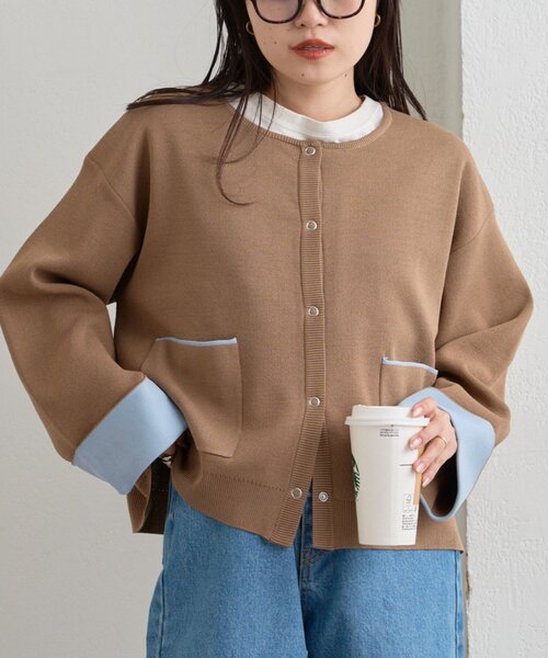 CIAOPANIC TYPY(チャオパニックティピー)の「【UVカット/接触冷感】袖配色ニットスナップカーデ(カーディガン/ボレロ・レディース・ネイビー/ピンク/ベージュ/グレー・ONE SIZE)」の10枚目の写真
