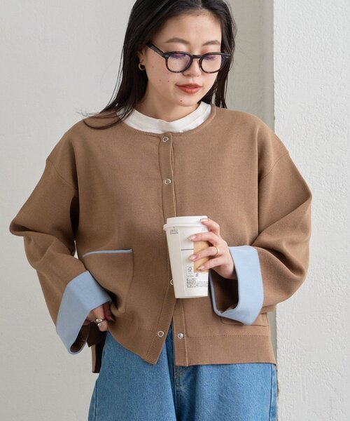 CIAOPANIC TYPY(チャオパニックティピー)の「【UVカット/接触冷感】袖配色ニットスナップカーデ(カーディガン/ボレロ・レディース・ネイビー/ピンク/ベージュ/グレー・ONE SIZE)」の11枚目の写真