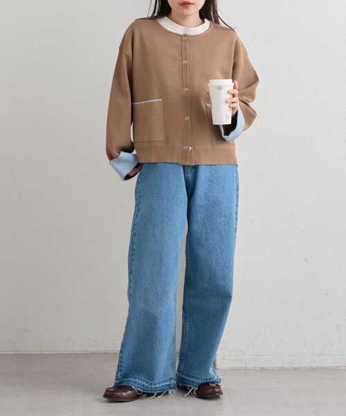 CIAOPANIC TYPY(チャオパニックティピー)の「【UVカット/接触冷感】袖配色ニットスナップカーデ(カーディガン/ボレロ・レディース・ネイビー/ピンク/ベージュ/グレー・ONE SIZE)」の14枚目の写真