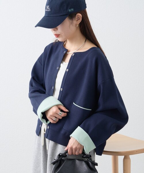 CIAOPANIC TYPY(チャオパニックティピー)の「【UVカット/接触冷感】袖配色ニットスナップカーデ(カーディガン/ボレロ・レディース・ネイビー/ピンク/ベージュ/グレー・ONE SIZE)」の18枚目の写真