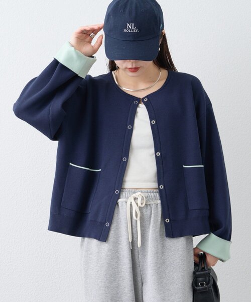 CIAOPANIC TYPY(チャオパニックティピー)の「【UVカット/接触冷感】袖配色ニットスナップカーデ(カーディガン/ボレロ・レディース・ネイビー/ピンク/ベージュ/グレー・ONE SIZE)」の19枚目の写真