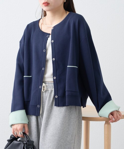 CIAOPANIC TYPY(チャオパニックティピー)の「【UVカット/接触冷感】袖配色ニットスナップカーデ(カーディガン/ボレロ・レディース・ネイビー/ピンク/ベージュ/グレー・ONE SIZE)」の20枚目の写真