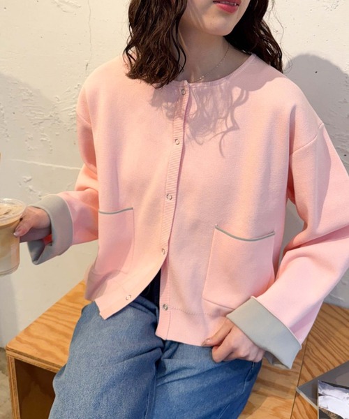 CIAOPANIC TYPY(チャオパニックティピー)の「【UVカット/接触冷感】袖配色ニットスナップカーデ(カーディガン/ボレロ・レディース・ネイビー/ピンク/ベージュ/グレー・ONE SIZE)」の1枚目の写真