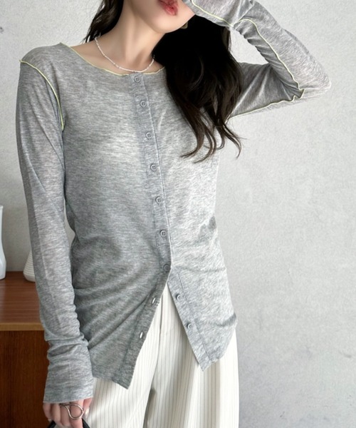 Eclat one(エクラワン)の「【Eclat one】配色 シアー メロー 2WAY トップス(Tシャツ/カットソー・レディース・グレー/ブラック/アイボリー・FREE)」の3枚目の写真